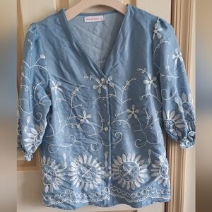 Embellished Blue and White Puff Sleeve Blouse with Mandarin Collar